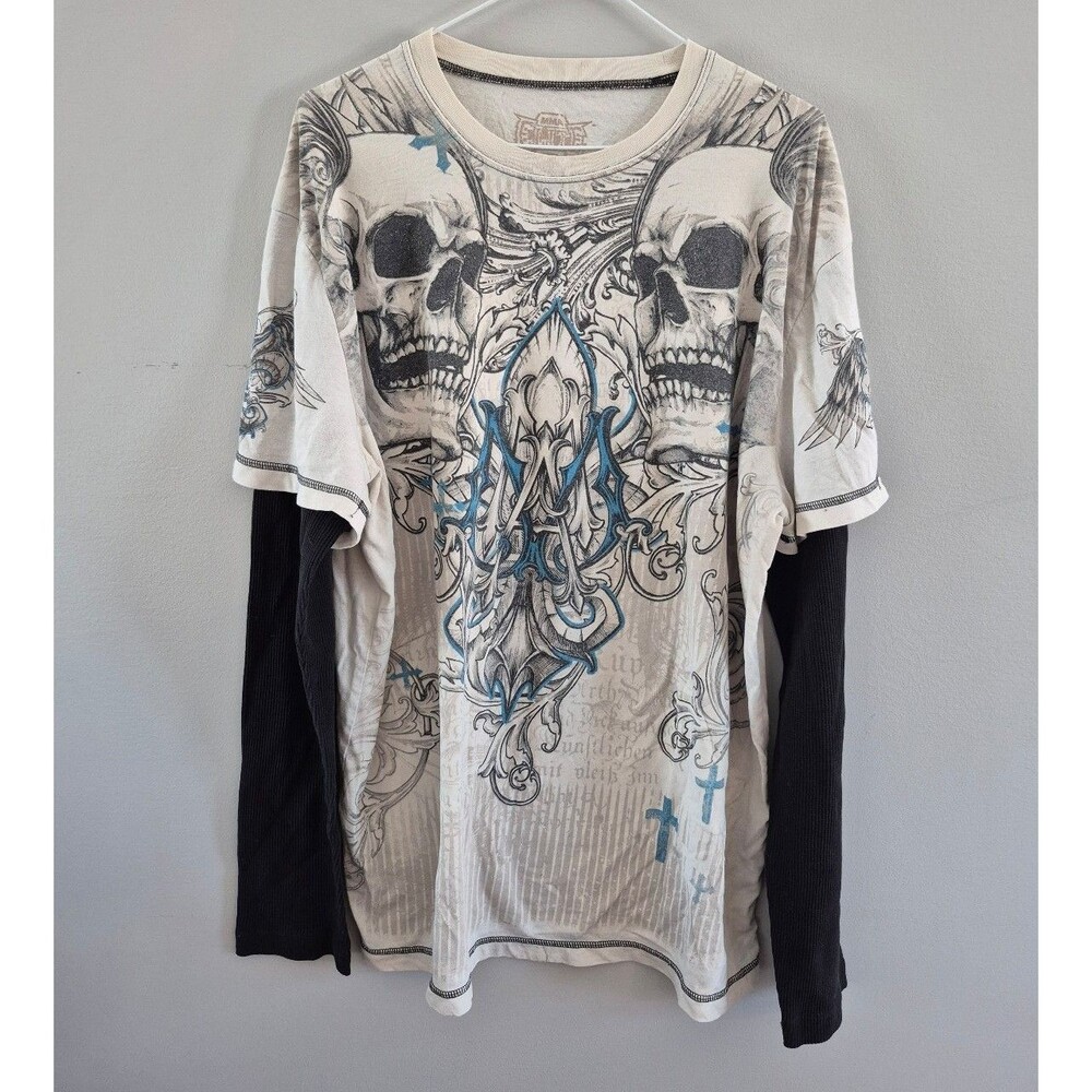 Vintage Y2K MMA Elite Skull Skeleton Gothic Double Layered Thermal Tee 2XL